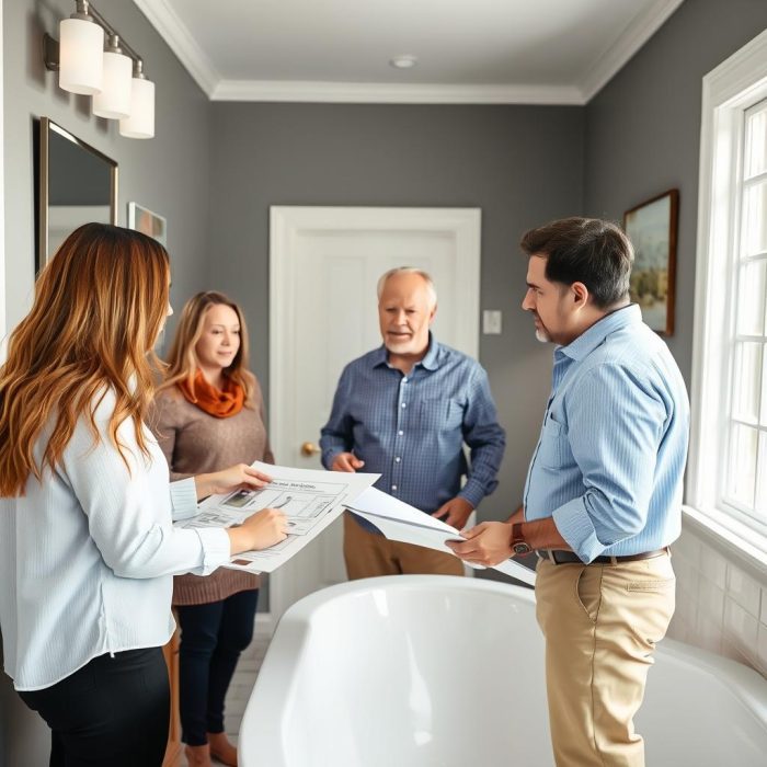 Bath remodeling consultation with designer reviewing bathroom plans Bath remodeling consultation with designer reviewing bathroom plans