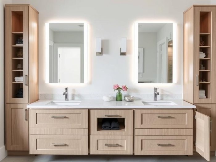 Bath remodeling project showcasing modern vanity and storage solutions Bath remodeling project showcasing modern vanity and storage solutions