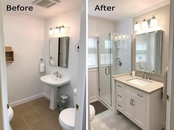 Before and after bath remodeling project showing complete bathroom transformation Before and after bath remodeling project showing complete bathroom transformation