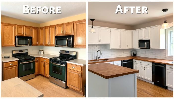 Before and after of a cosmetic kitchen remodel under $10,000