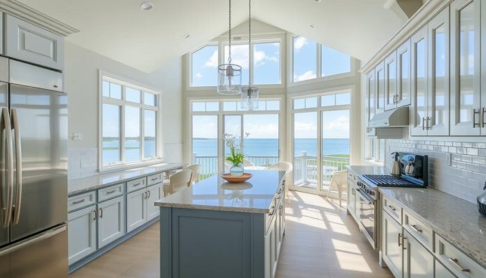 Coastal-inspired kitchen design with water views in Clear Lake Shores