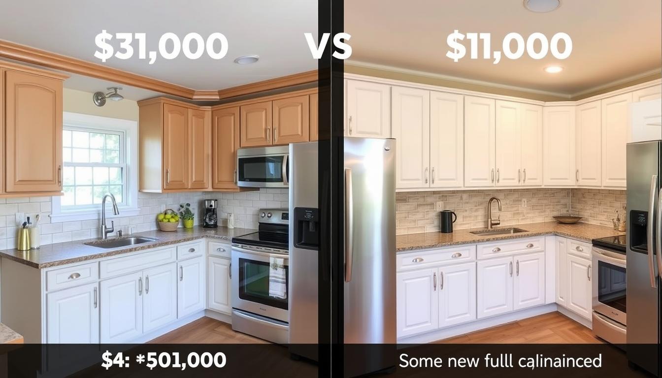 Comparison of cosmetic vs full kitchen remodel showing what $10,000 can accomplish