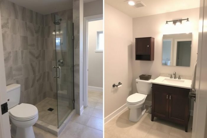 Complete bath remodeling project showing full bathroom renovation Complete bath remodeling project showing full bathroom renovation