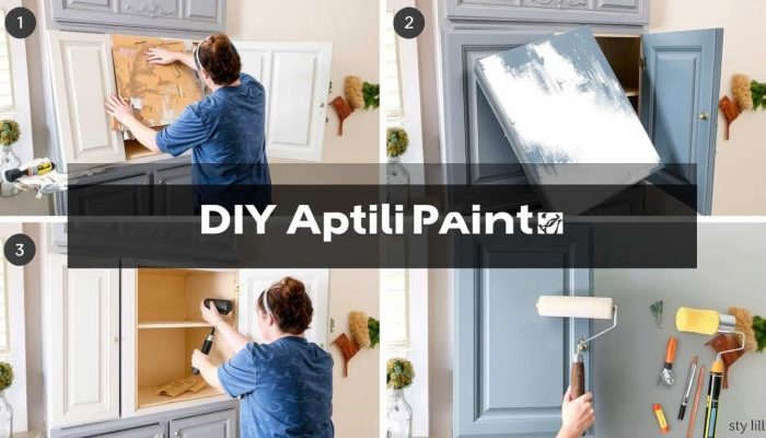 DIY cabinet painting process showing transformation of kitchen cabinets