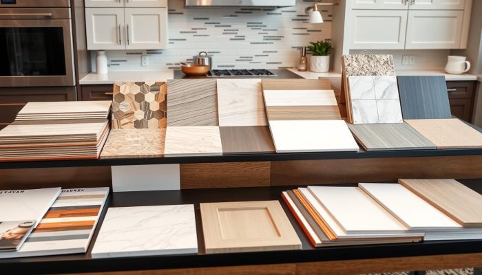 Kitchen and bath material samples including countertops, tiles, and cabinet finishes Kitchen and bath material samples including countertops, tiles, and cabinet finishes