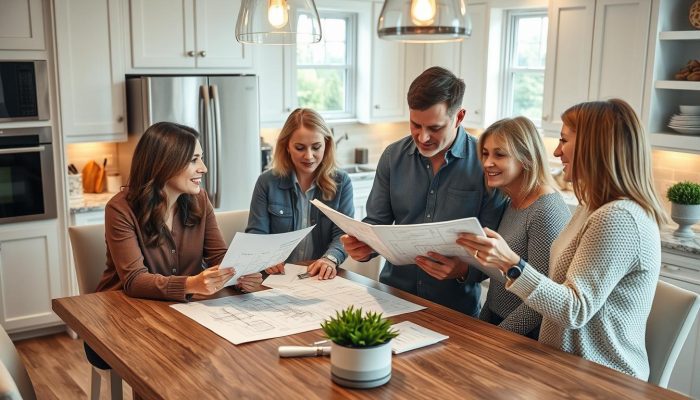 Kitchen and bath remodeling consultation with homeowners and designer Kitchen and bath remodeling consultation with homeowners and designer