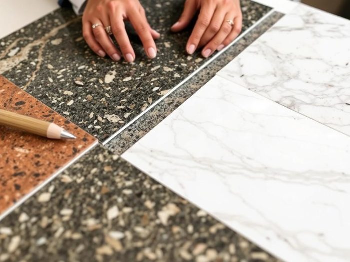 Kitchen countertop material samples including quartz, granite, and marble