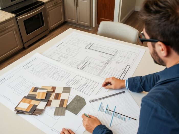 Kitchen remodeling planning phase with detailed blueprints Kitchen remodeling planning phase with detailed blueprints