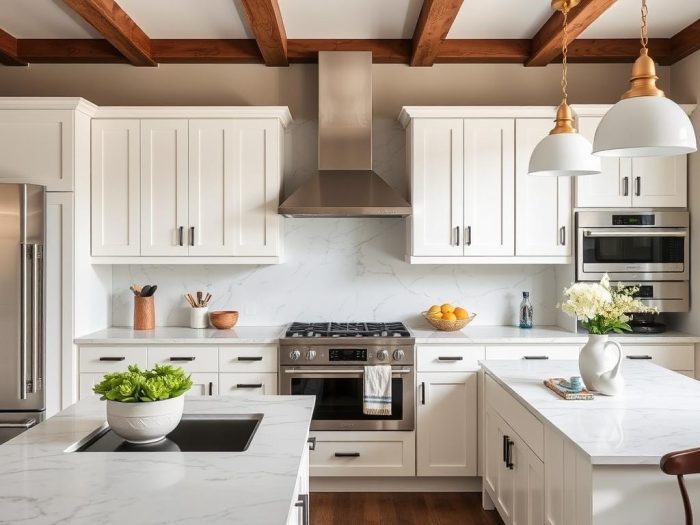 Kitchen showing mix of high and low elements with premium backsplash and budget cabinets