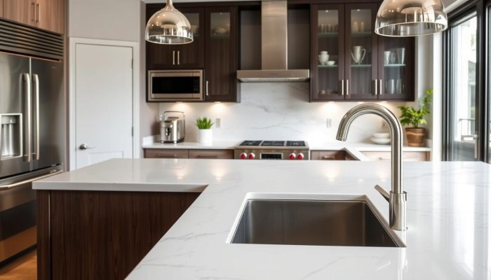 Kitchen with quartz countertops showing their aesthetic appeal and durability
