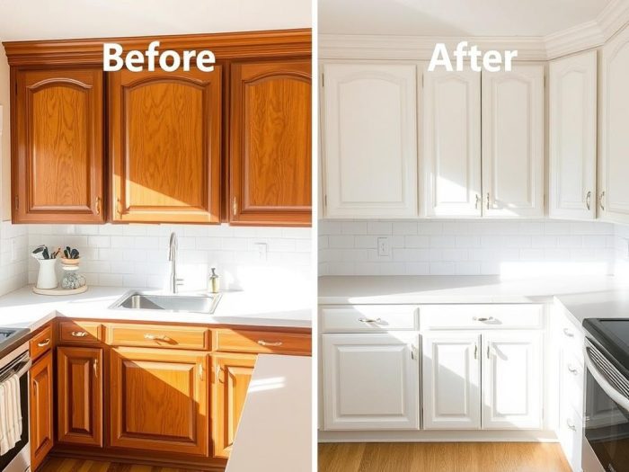 Kitchen with refinished cabinets showing before and after transformation