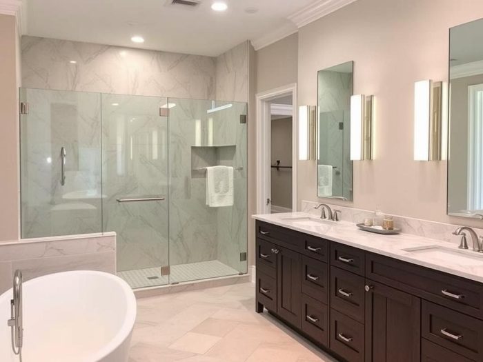 Luxury bathroom renovation by Clear Lake contractors with walk-in shower