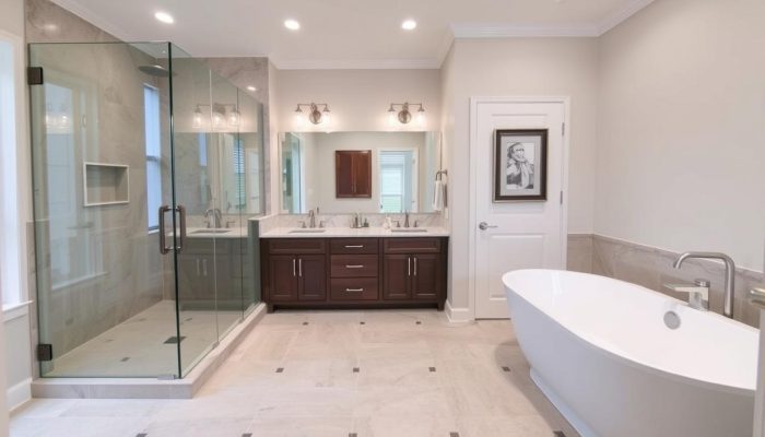 Modern bathroom remodel in League City with walk-in shower and custom vanity Modern bathroom remodel in League City with walk-in shower and custom vanity