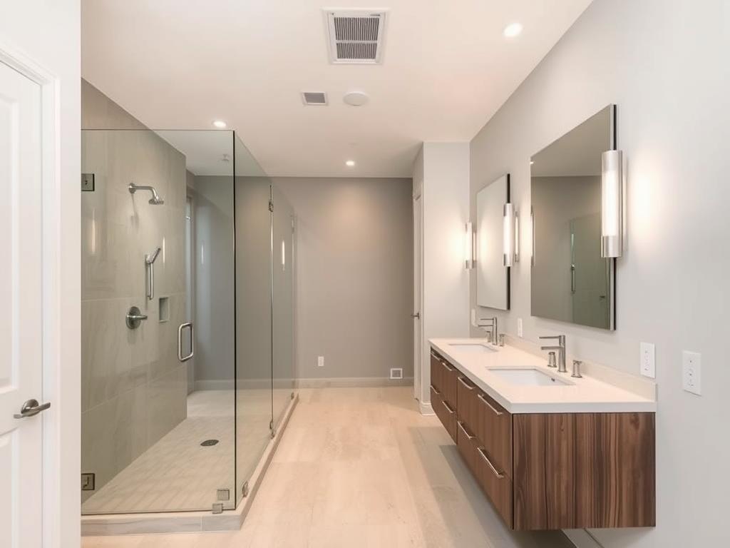 Modern bathroom renovation in Seabrook showing walk-in shower and floating vanity