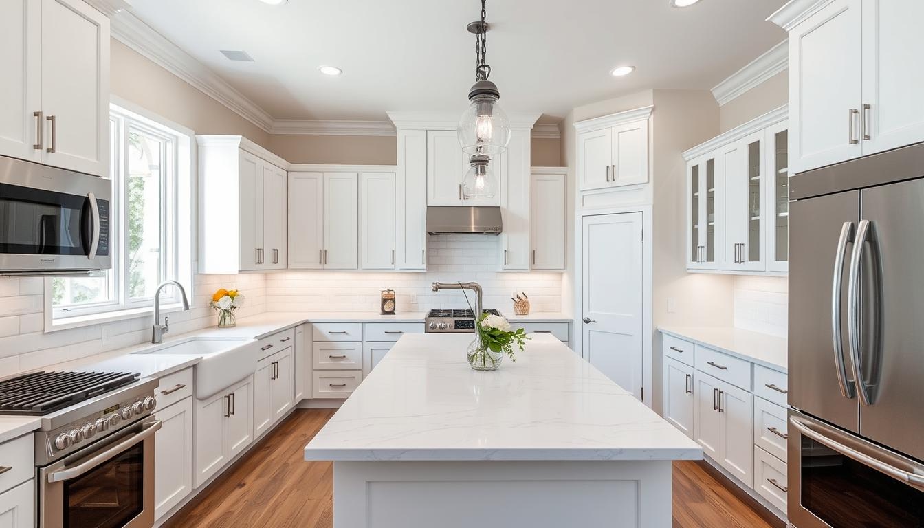 Modern kitchen remodel in Clear Lake Texas with custom cabinets and island