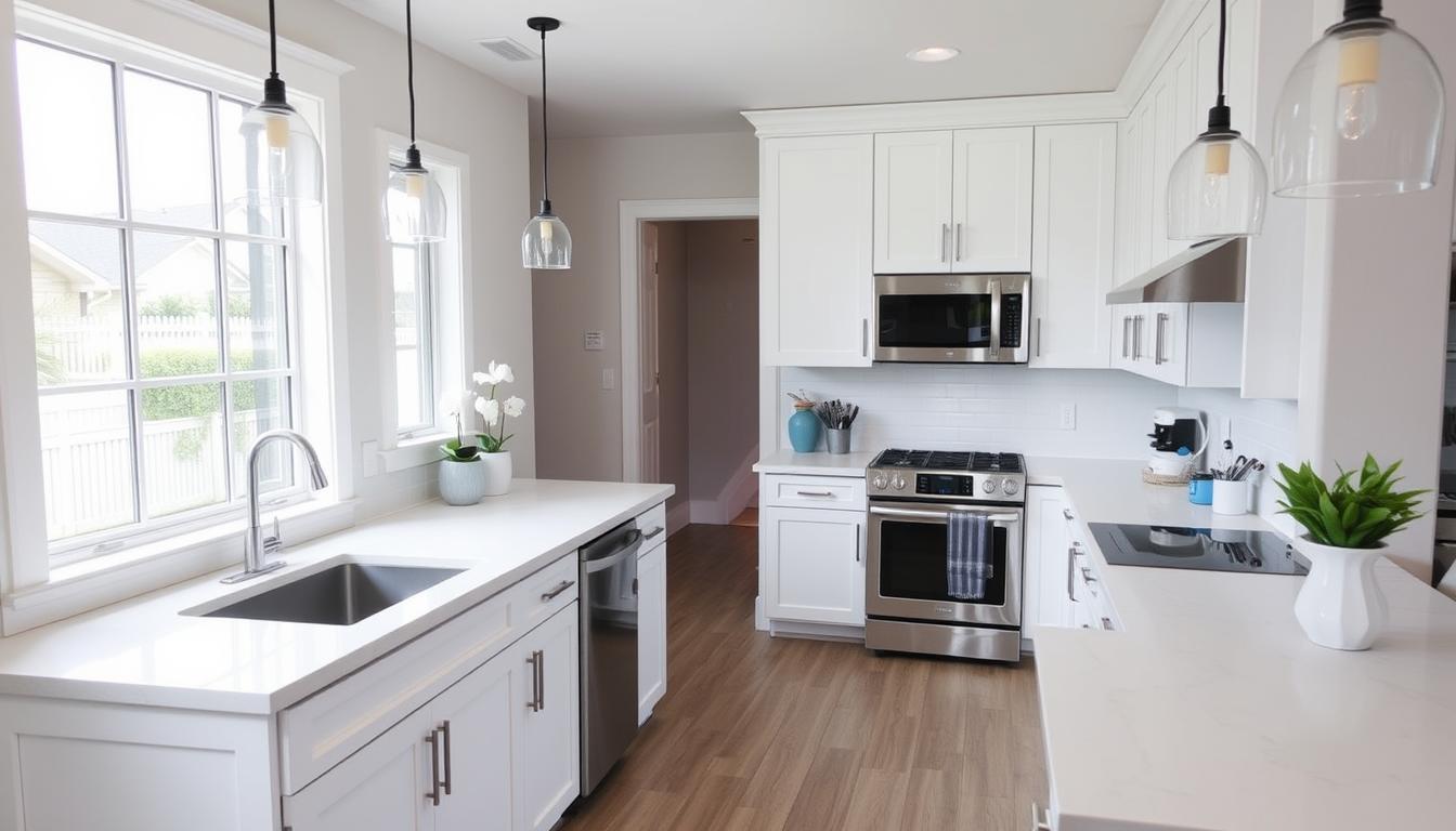 Modern kitchen remodel in League City TX with quartz countertops and custom cabinetry