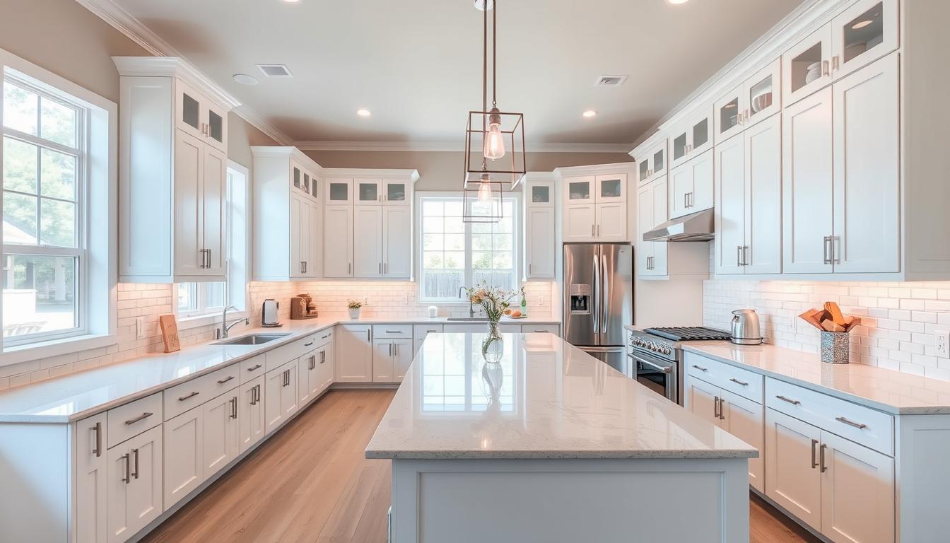 Modern kitchen remodel in League City with white cabinets and quartz countertops