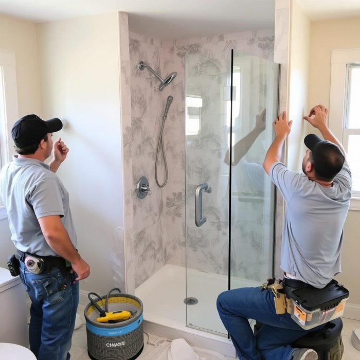 Professional bath remodeling installation team working on a bathroom renovation Professional bath remodeling installation team working on a bathroom renovation