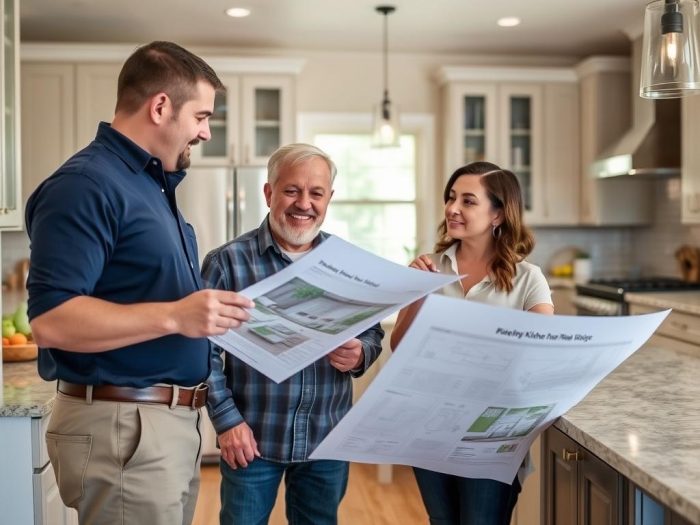 Professional kitchen remodeling contractor discussing plans with homeowners